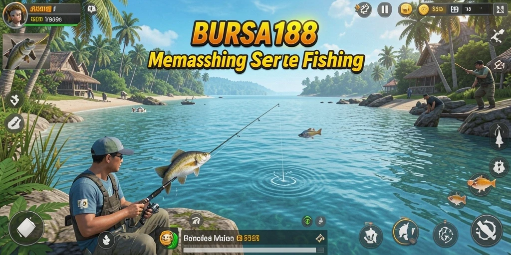 Screenshot BURSA188 menampilkan pemain sedang memancing di danau yang indah.