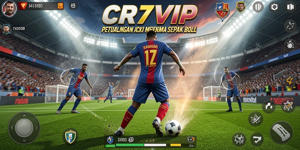 Screenshot utama CR7VIP menampilkan aksi seru di lapangan sepak bola.