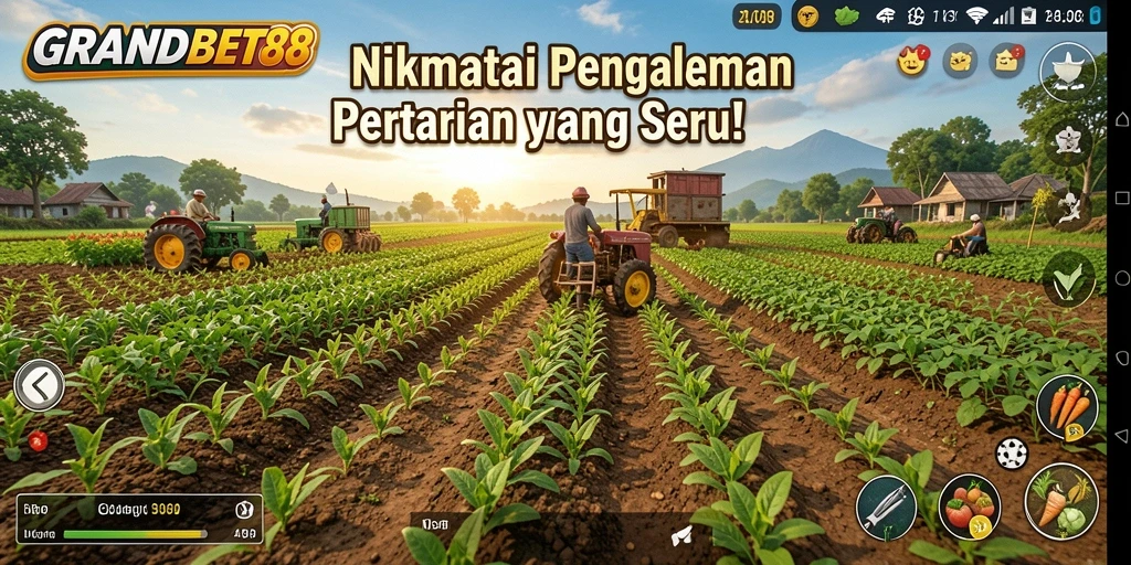 Screenshot gameplay <strong>GRANDBET88</strong> menampilkan suasana kebun yang asri dan aktivitas bertani.