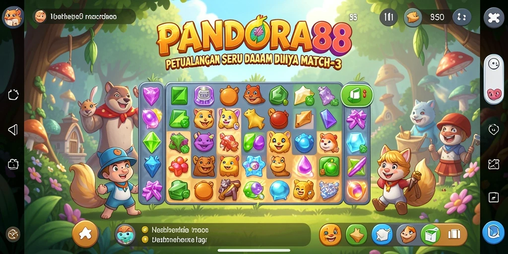 Tampilan gameplay PANDORA88 dengan puzzle Match-3 yang penuh warna.