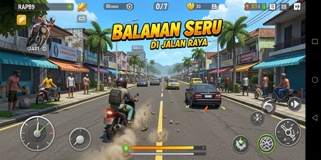 Screenshot menunjukkan aksi balapan seru dengan mobil yang melaju cepat.