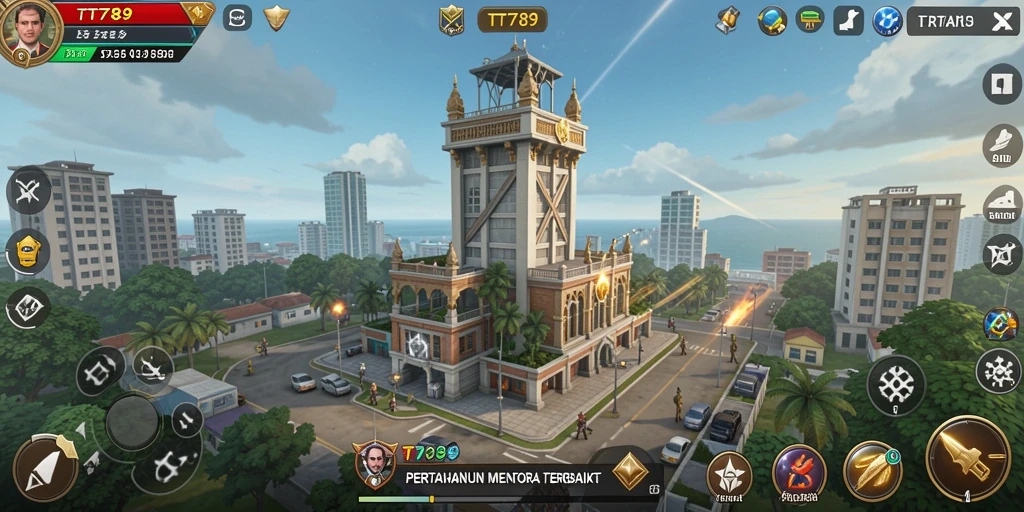 Gameplay TT789 dengan menara bertahan dari serangan musuh.